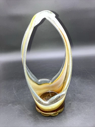 Vintage 1960s MCM Hand Blown Swirl Glass Murano Stretch Basket Vase Centerpiece