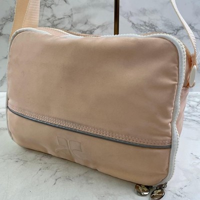 Courreges Nylon Multi-Storage Schultertasche Rosa Beige Gebraucht aus Japan
