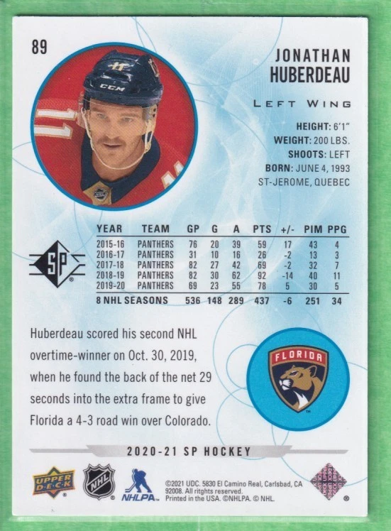 2020-21 SP Retail Blue #89 Jonathan Huberdeau Florida Panthers - Image 2 of 2