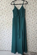 New Azazie Jungle Green Chiffon V-Neck Knot Front Side Slit Back Zip Maxi Dress