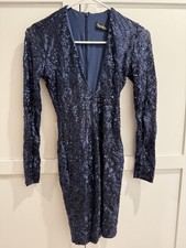Nookie Long Sleeve Deep V Neck Blue Sequin Mini Dress Size Small