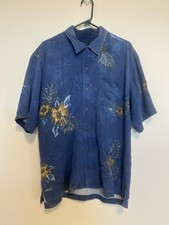 Tommy Bahama Polo Shirt Mens XL 100% Silk Hawaiian Short Sleeve Button Down Blue