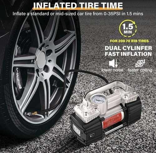 Portable Air Compressor Pump Dual Cylinder Heavy Duty Tire Inflator with LED ... - Picture 5 of 7