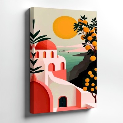 Mediterranean Coastal Village Orange Tree Sun Landscape Wall Art Rustic Decor