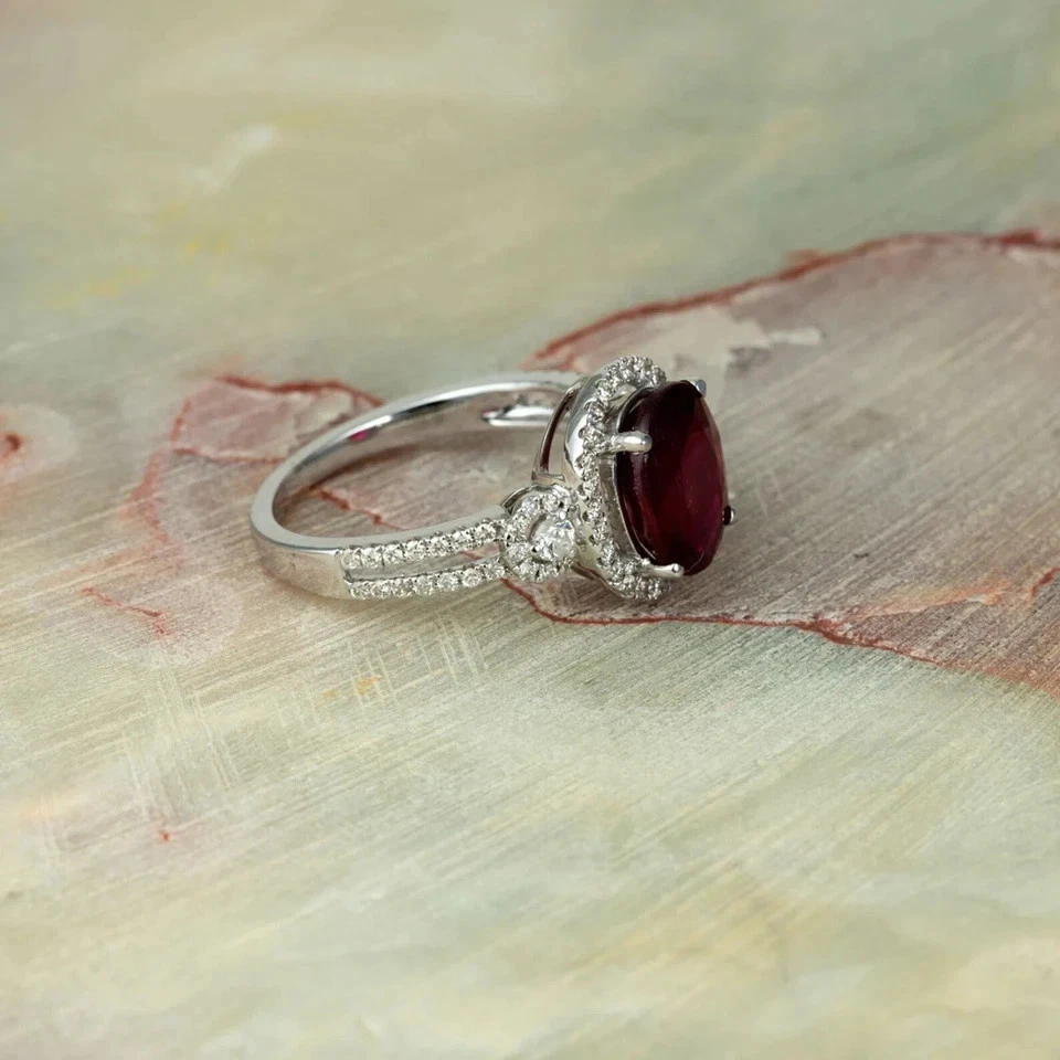 4.60Ct Oval Cut Natural Ruby Diamond Engagement Ring 14K Solid White Gold 7.5 8 - Image 2 of 4