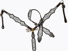 LV Printed Horse One Ear Dark Leather Bridle Headstall Breast Collar Tack Set