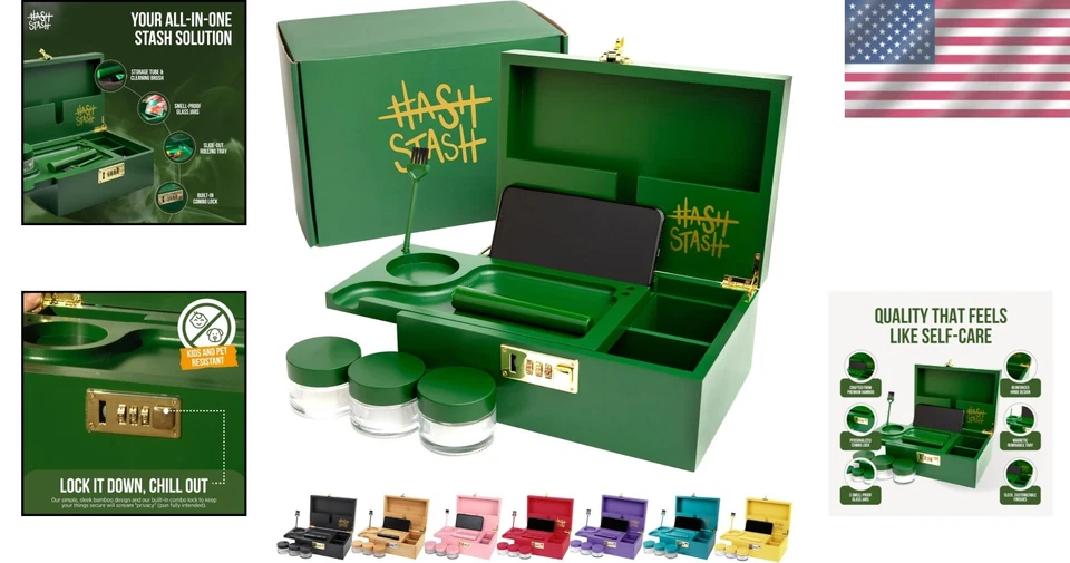 Bamboo Stash Box with Combination Lock, Organizer Tray & Accessories - Image 2 of 4