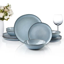Dish Set for 4, 12-Piece Stoneware Dinnerware Sets, Round Plates and Bowls Se...