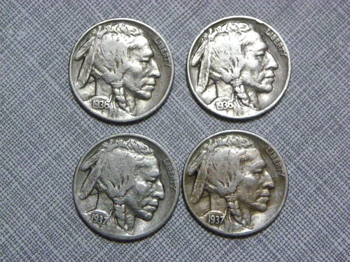 Lot of 4 Buffalo Nickels - 1936 P, 1936 P, 1937 P, 1937 P.