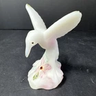 Fenton White satin iridescent Glass Hummingbird Figurine pink flower Hand Paint