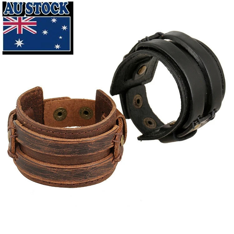 Men Women Punk 4.5CM Wide Leather Wristband Bangle Cuff Bracelet Adjustable 25cm