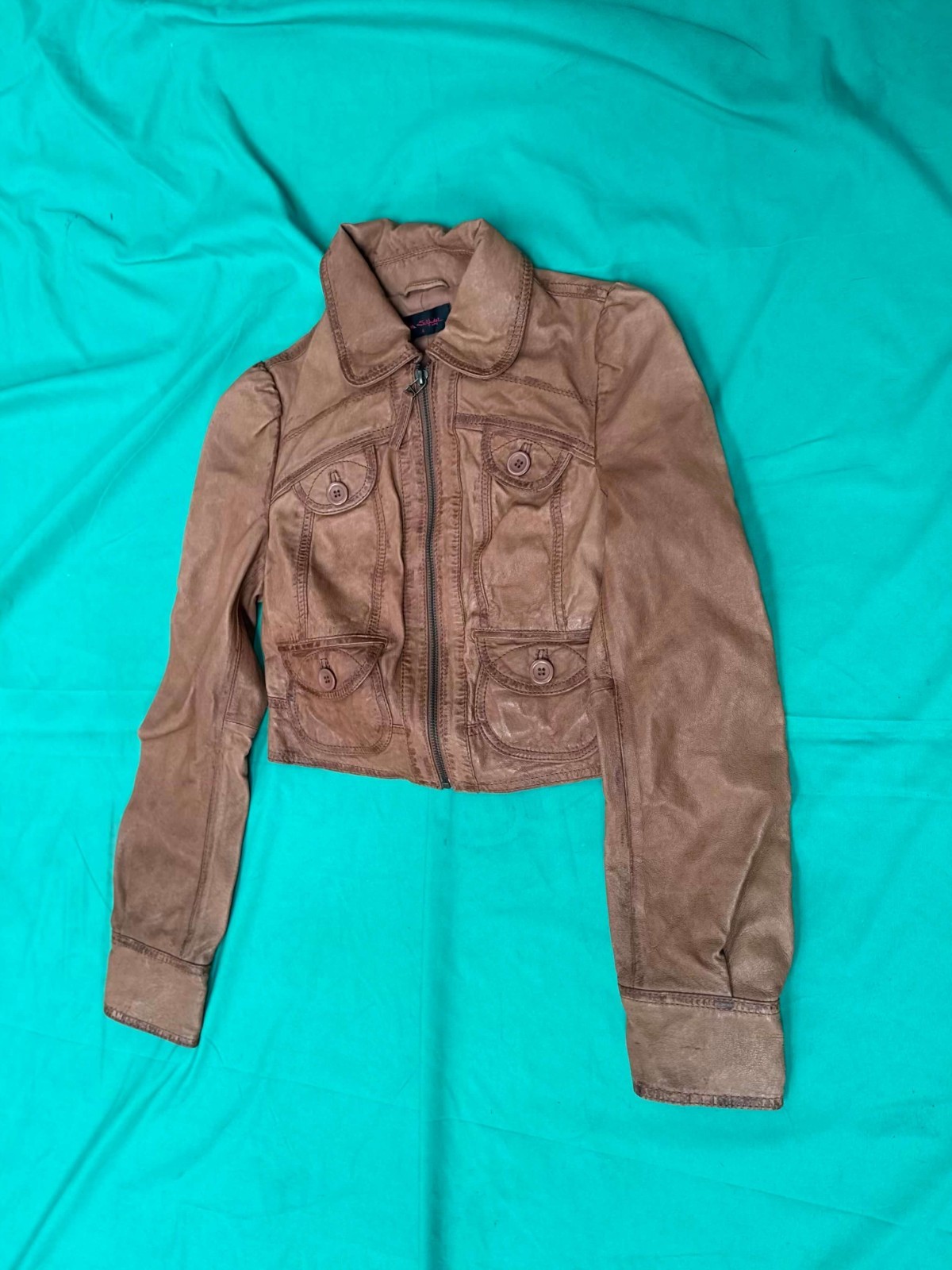 Miss Selfridge Tan Leather Jacket Size 6 Women’s Cropped Fitted Biker Style image 4