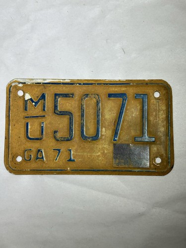 1971 Georgia Motorcycle Off Road License Plate Tag M/U Yellow Blue Vintage