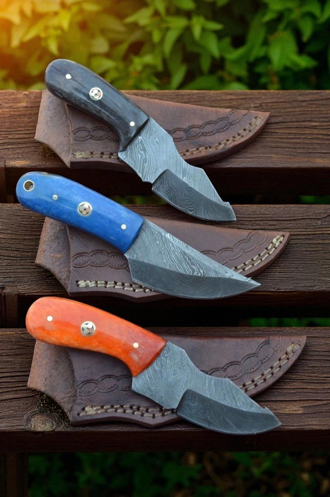 Handmade Lot of 3 Damascus Steel Skinning, Hunting, Survival Knives W/ Sheath- 3