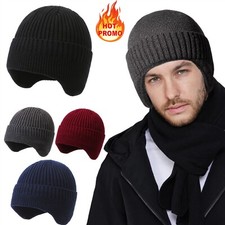 Men Women Knit Hat Winter Warm Cuff Beanie Ear Flaps Skull Cap for Outdoor Ski