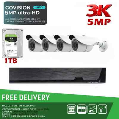 4 Kanäle 5 MP BULLET CCTV KAMERASYSTEM ZUHAUSE AUSSENBEREICH SICHERHEIT HD DVR + 1 TB FESTPLATTE