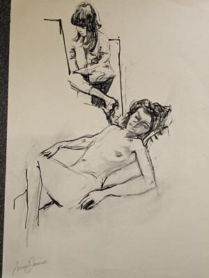 Große Original Bleistift Tusche & Kohlezeichnung von Lewis Davies 1939-2010 Frauen