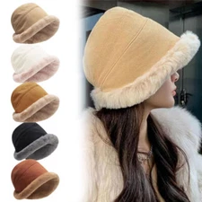 Women Warm Fluffy Plush Bucket Hat Winter Soft Warm Fisherman Cap