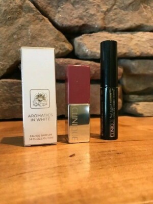 Clinique Aromatics in white Perfume .14oz + Plum pop lipstick & High imp mascara