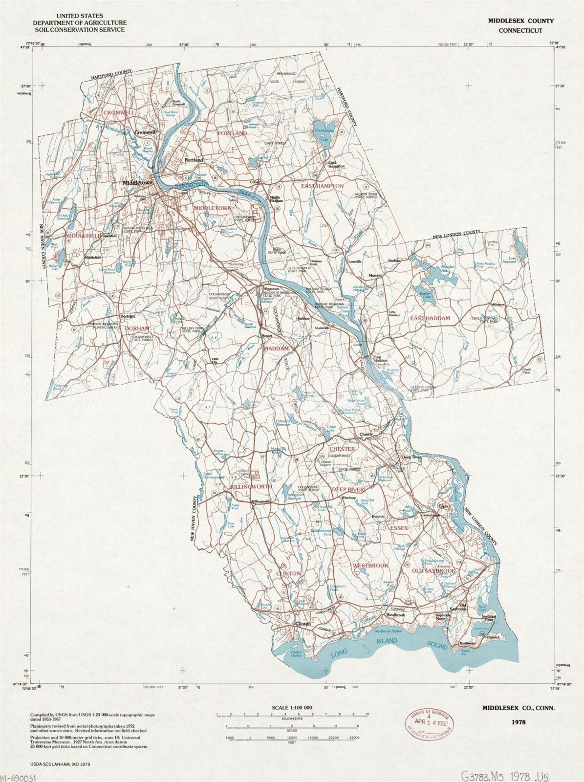 1978 Map Middlesex County, Connecticut ConnecticutMiddlesex County