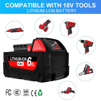 12.0Ah 18V Battery Replacement For Milwaukee M-18 – Compatible With 48-11-1811, 1815, 1820, 1840, 1828 – 4-Pack With LED Indicator