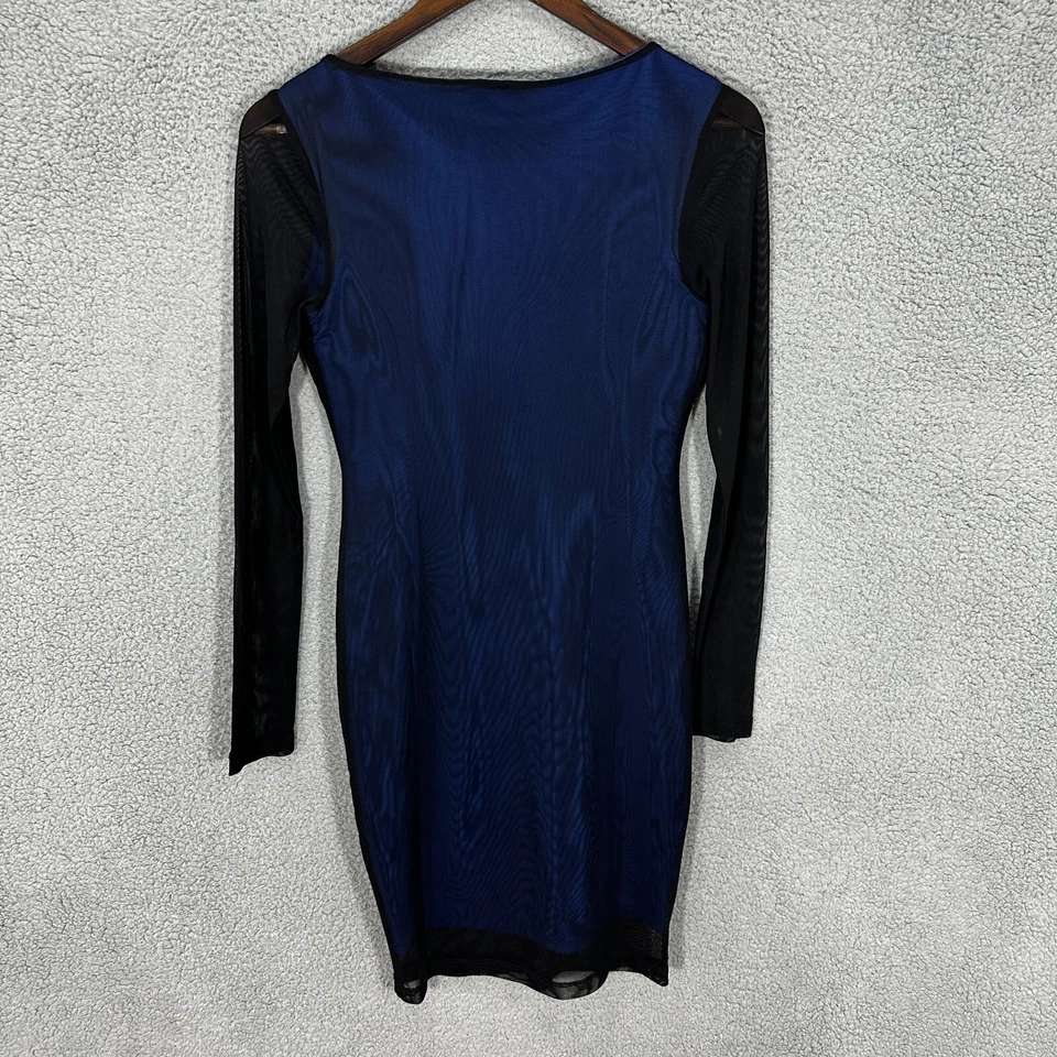 Платье Carmen Marc Valvo S черное сетчатое оверлейное синее облегающее оболочка коктейльная вечеринка - Изображение 4 из 4