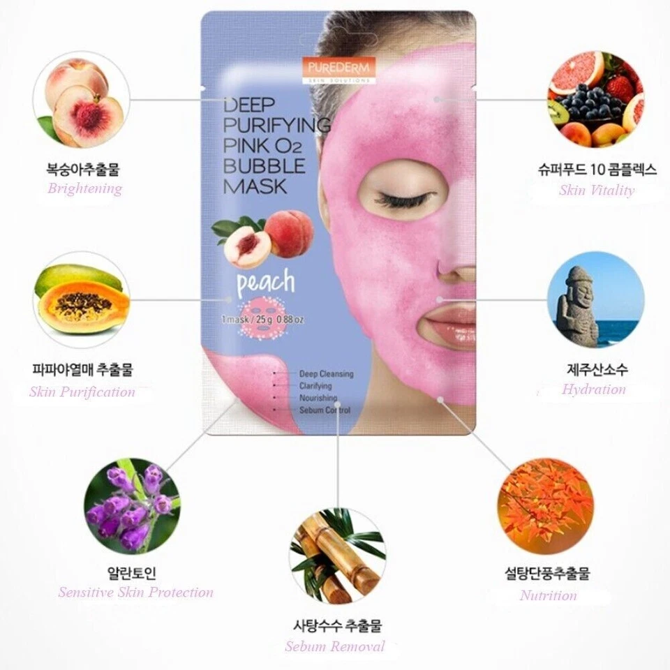 Purederm Deep Purifying Pink O2 Bubble Mask Peach 25g x 10 Sheet Pack K-Beauty - Image 3 of 4