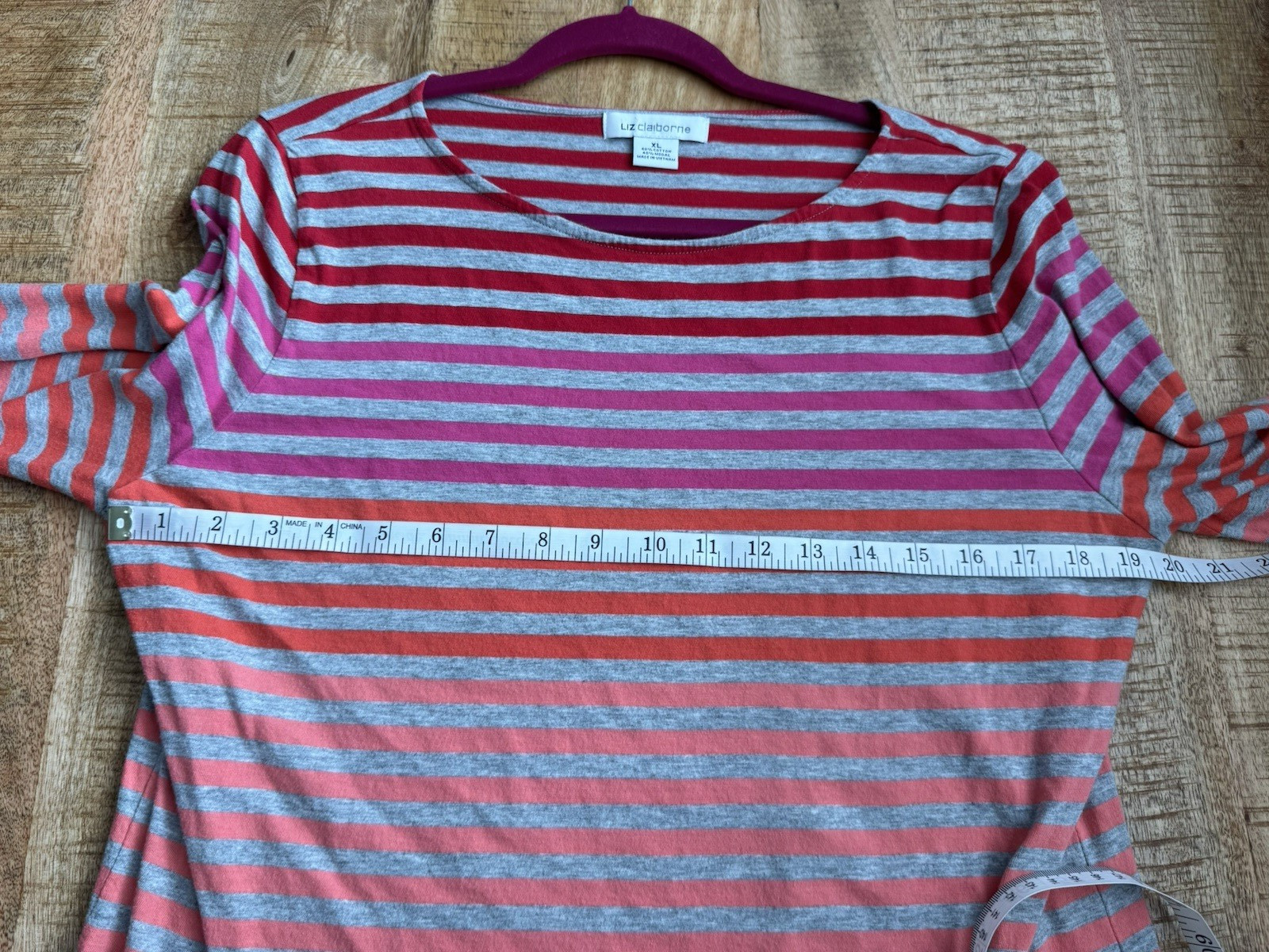 Liz Claiborne Women's Red Pink Long Sleeve Ombre Striped Pullover Tee Shirt XL