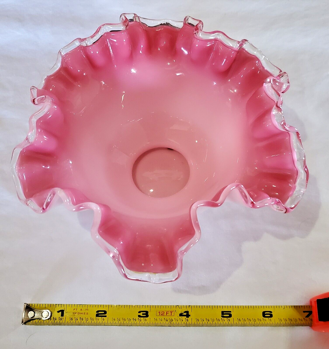 FENTON ART GLASS DEEP PINK CASED & RUFFLED SILVER CREST BOWL
