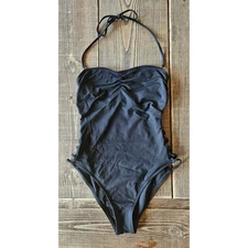 LSpace Womens One Piece Swimsuit Small Black Ruched Halter Neck Tie Strappy Side