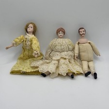 3 Miniature Porcelain Bisque & Fabric Dollhouse Dolls 5.75” Vintage Toy Play