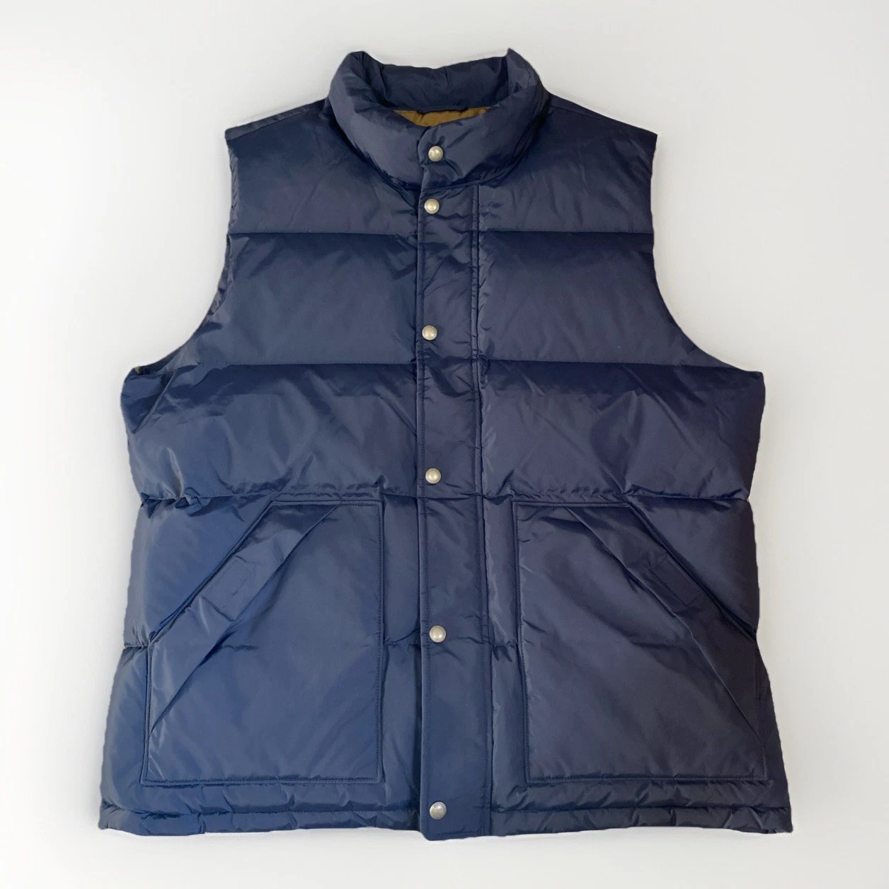 Lands End Down Puffer Vest Men L 42 44 Navy Blue Jacket Snap Zip Pockets Outdoor
