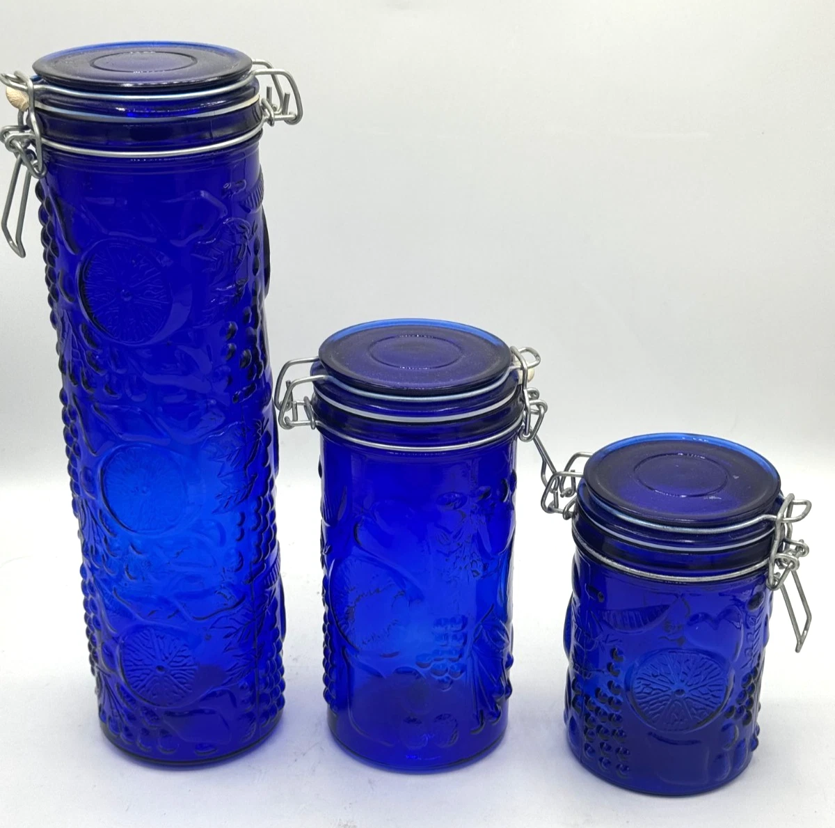Cobalt Blue Glass Canister Set Wire Bale Closure Paneled Pasta Jars Set of 3!