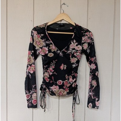 Vintage Y2K Eyeshadow Mesh Scrunch Tie Top  Cherry Blossom Asian JRS M