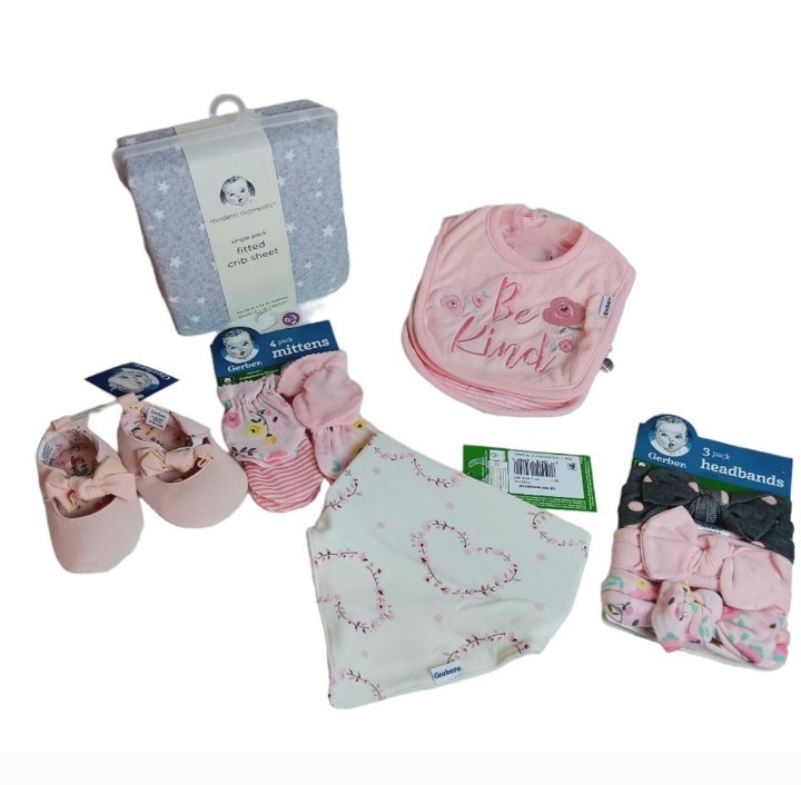 Gerber Baby Girl accessory lot shoes, mittens bibs head band