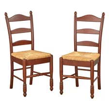 Set of 2 Ladder Back Dining Chairs Walnut/Natural Rush - Buylateral: Rubberwood