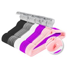 Multi-Color Velvet Hangers 50 Pack with Cascading Hooks Non-Slip Black Pink W...