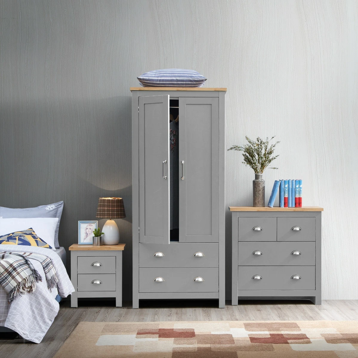 Lisbon Grey 3 Piece Bedroom Furniture Set Wardrobe 4 Drawer Chest