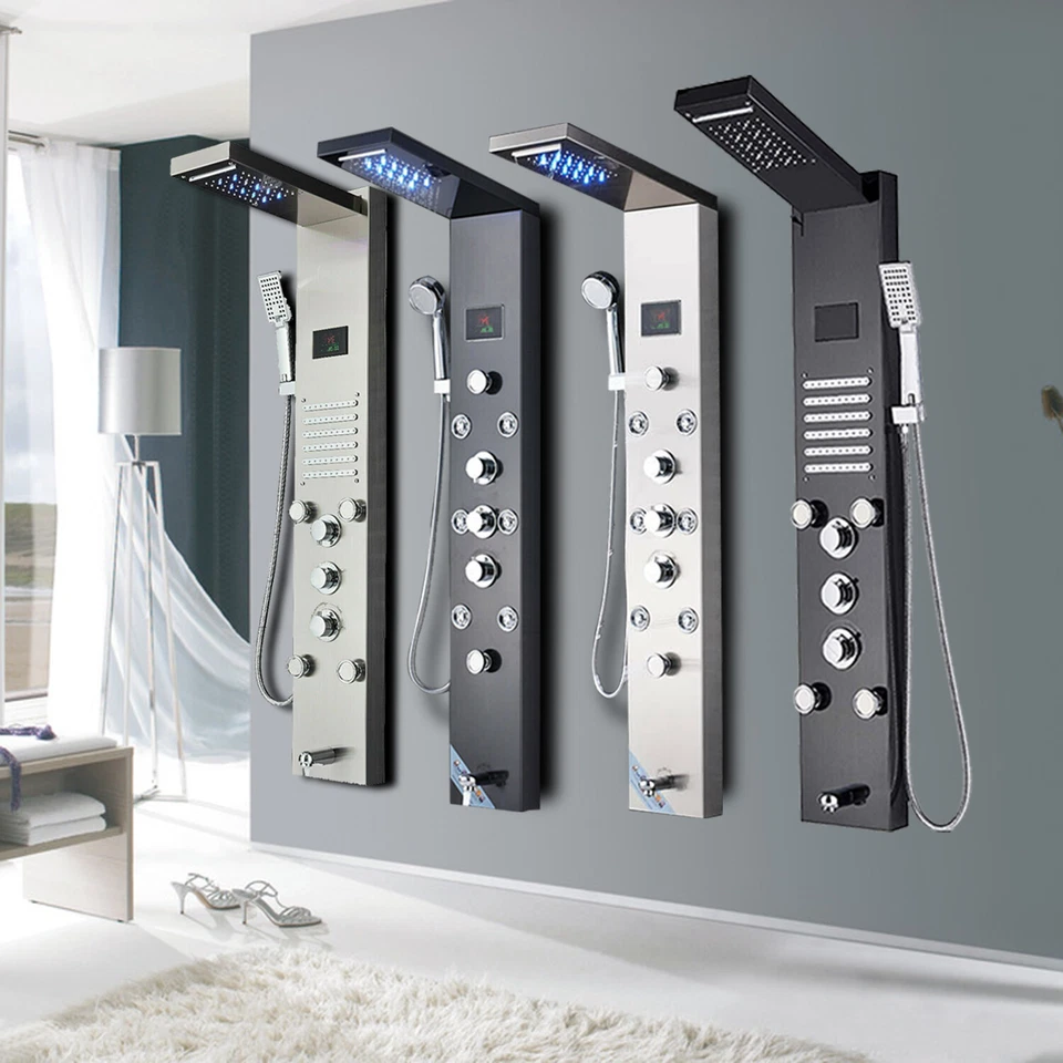 Panel de ducha de cascada de lluvia LED de acero inoxidable sistema de columna de torre chorros de masaje Foto 2 de 4