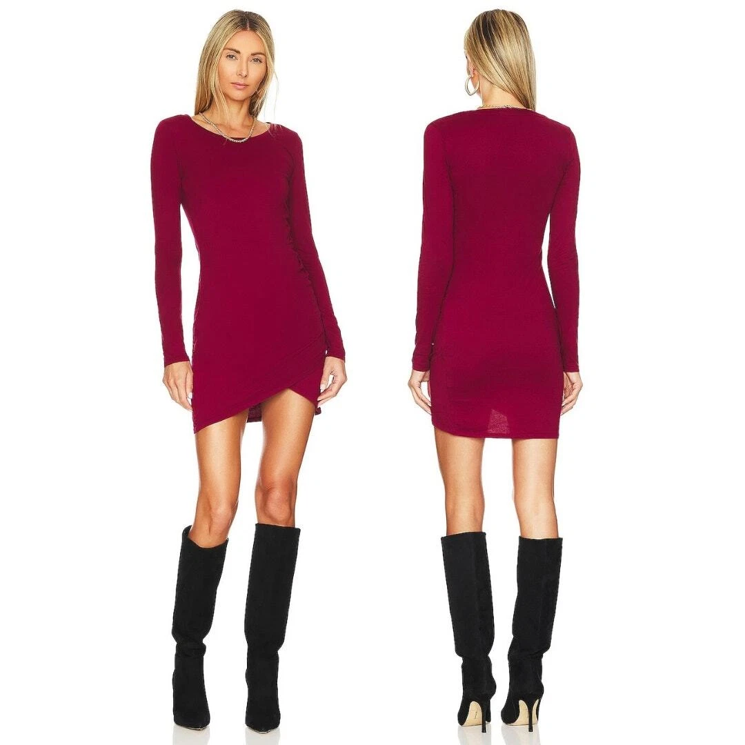 Bobi Supreme Jersey Bodycon Mini Dress Ruched Surplice Long Sleeve Pinot Size S
