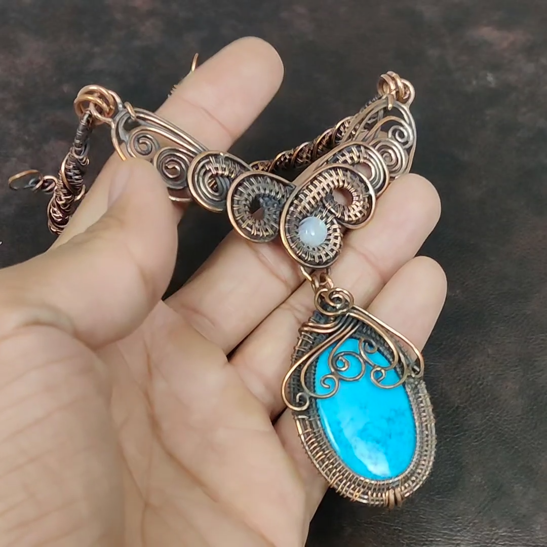 Gift For Her Arizona Turquoise Wire Wrapped Chain Necklace Copper