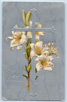 1909 Easter Greetings Holy Cross Lilies Flowers Embossed St. Paul MN Postcard