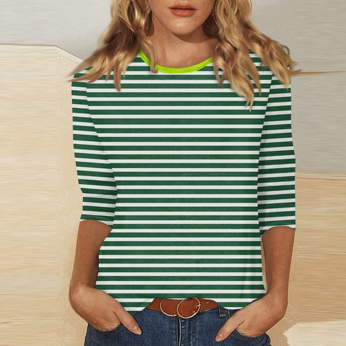 Women's`Fashion Casual Three Quarter Sleeve T-Shirt Line Printing O-Neck Tops-A - Picture 19 of 45