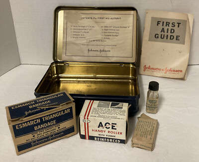 Vintage Johnson & Johnson First Aid Autokit Kit Press Tin With Pamphlets +