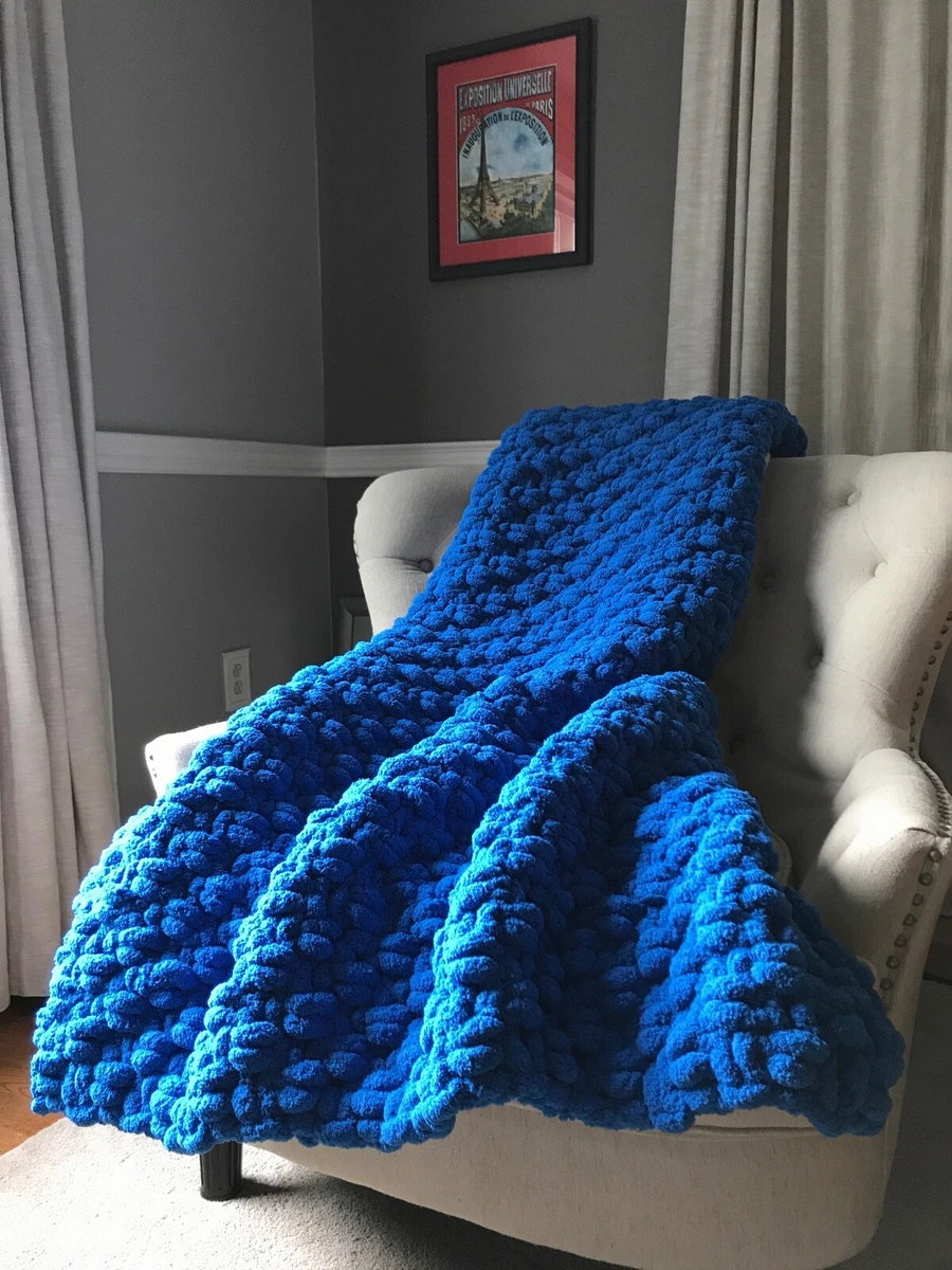 Chunky Knit Blanket Classic Blue Throw Soft Chenille Throw