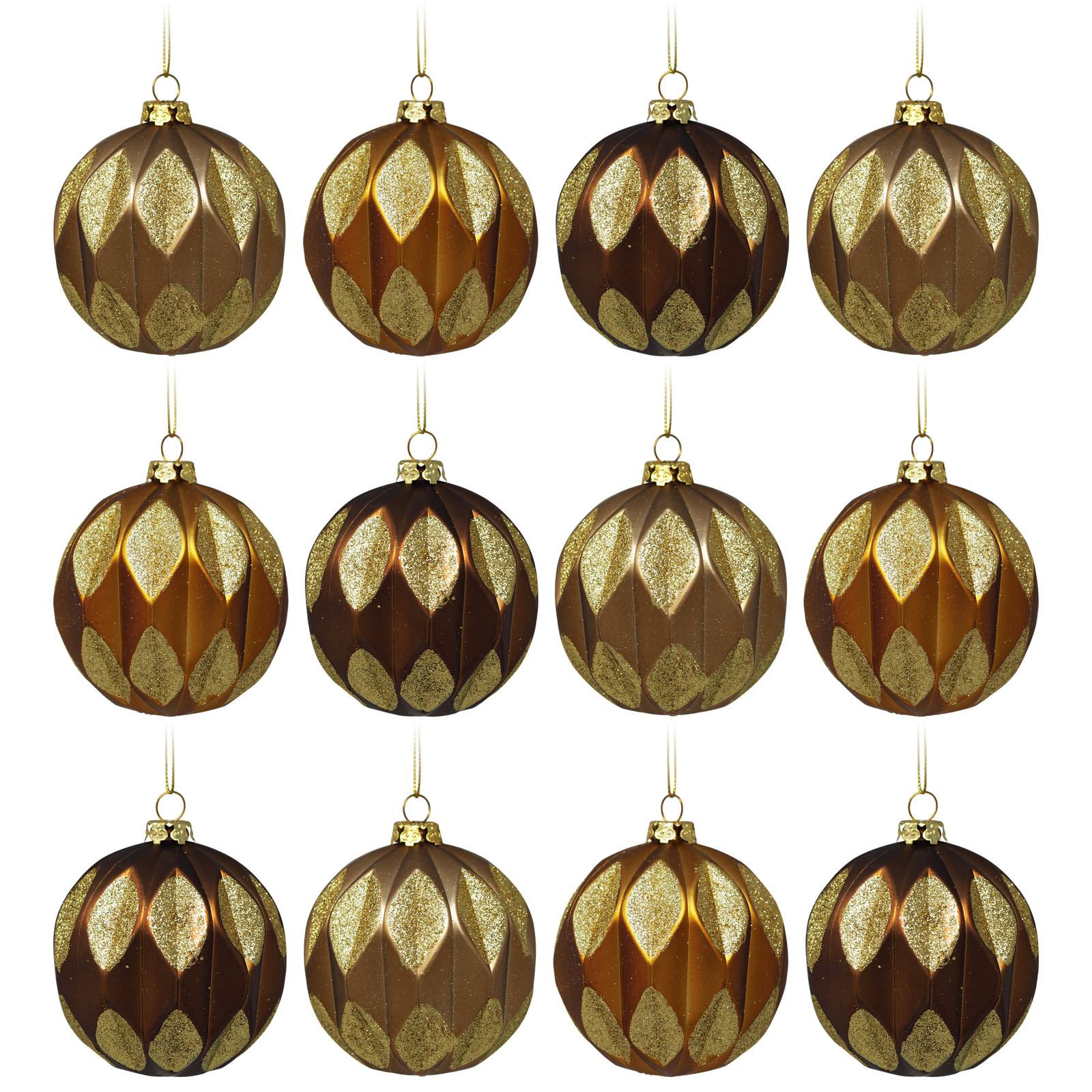 Gold Bronze Christmas Baubles - Glitter & Metallic Tree Ornaments - Set of 12