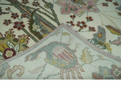 Custom Made Ivory, Maroon, Green And Peach  Jungle Hand Knotted Wool Area Rug - Picture 4 of 12