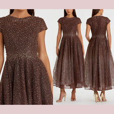 NWT Mac Duggal [ 8 ] 20371 Embellished Cap Sleeve A Line Dress Chocolate #G1969