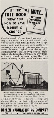 1955 Print Ad Behlen Drying Tower & Heat Blower for Farm Grain Columbus,NE