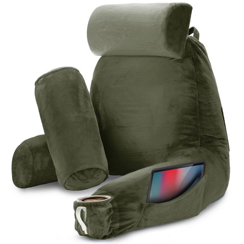 Reading Pillow Shredded Memory Foam Bed Rest Backrest Pillow with Arms & Pocket - Picture 11 of 12